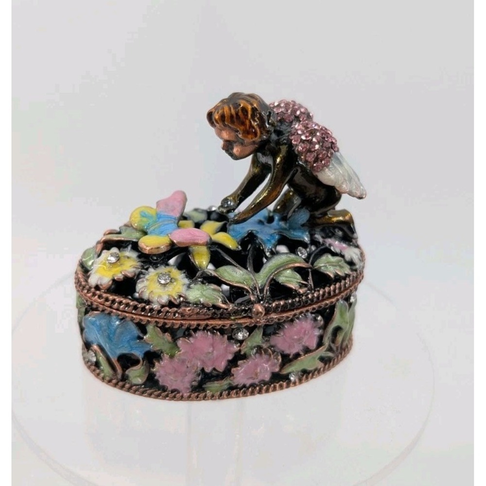 Bejeweled Cherub Angel With Butterfly Floral Trinket Box‎